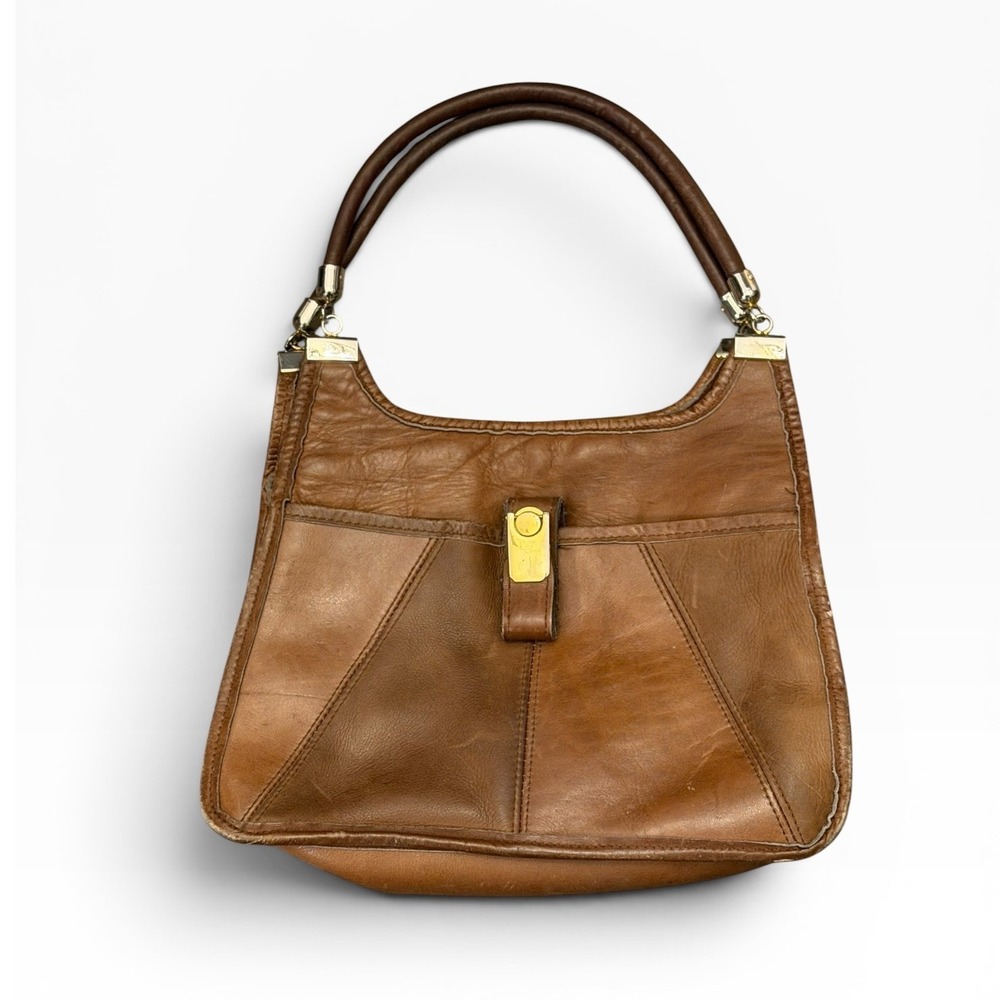 Vintage Brown Leather Paneled Hobo Shoulder Bag Gold Hardware Made in Hong Kong